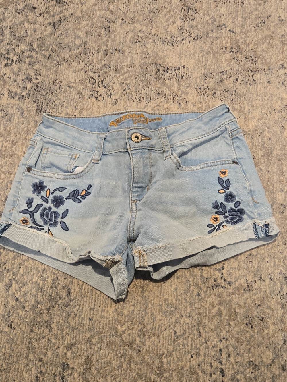 Arizona Jean Company Light Blue Denim Shorts with Navy Floral Embroidery